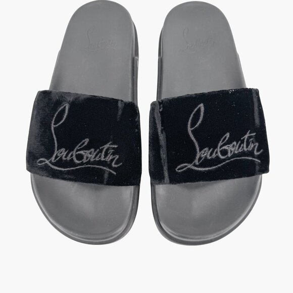Christian Louboutin 'Navy Pool' Slide Sandals Size 37 US 7 Black Velvet Logo 33 - Picture 4 of 12